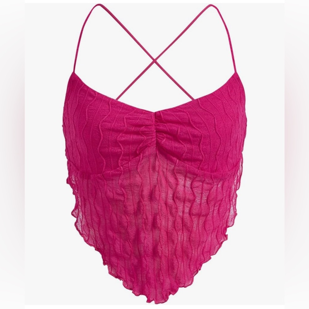 Verdusa Women's Pink Criss Cross Backless Strappy Asymmetrical Hem Crop Cami Top